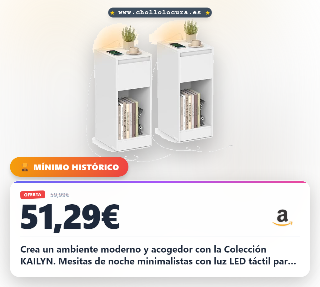 Consigue mesitas de noche estrechas con luces LED y puertos USB en oferta histórica