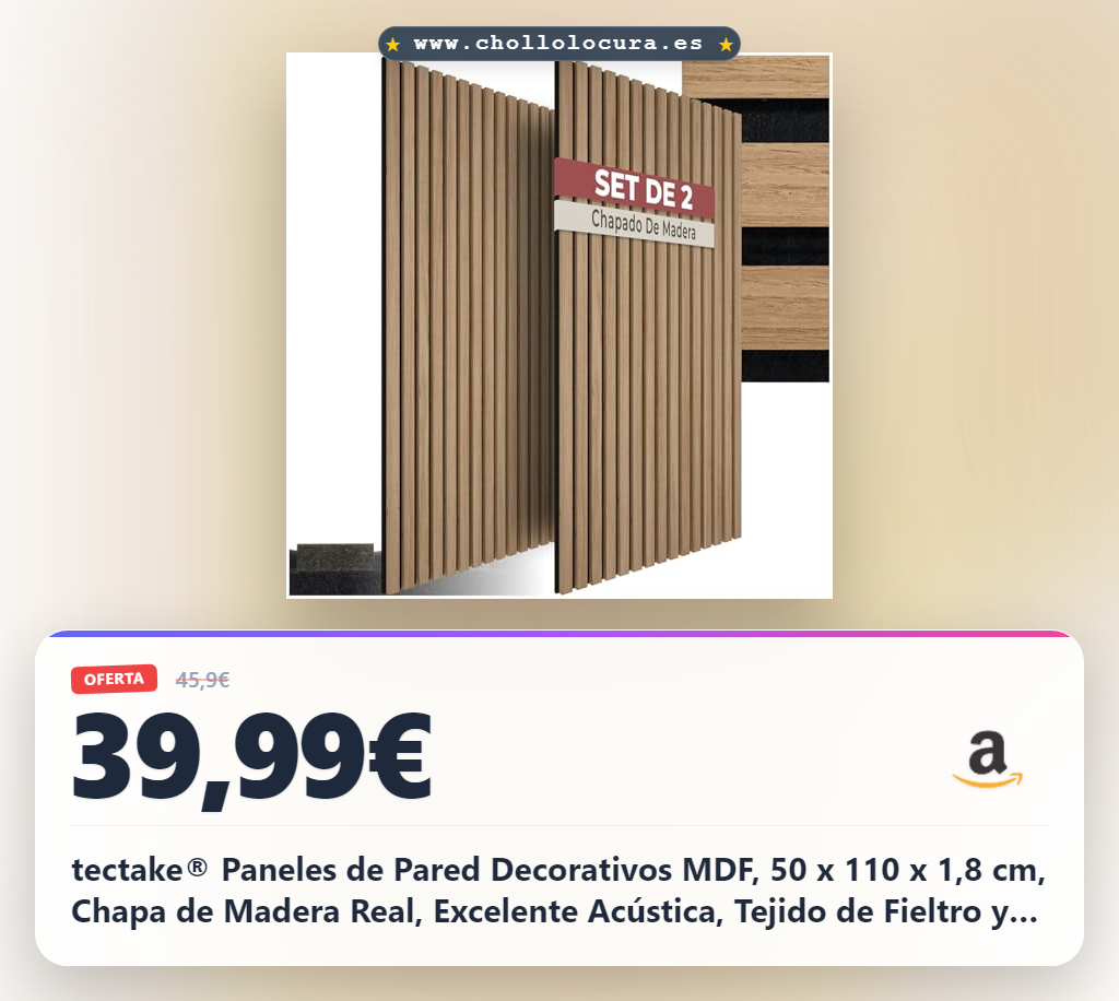 tectake® Paneles de Pared Decorativos MDF, 50 x 110 x 1,8 cm, Chapa de Madera Real, Excelente Acústica, Tejido de Fieltro y Madera, Insonorización Acústica Pared - 2 Paneles Roble