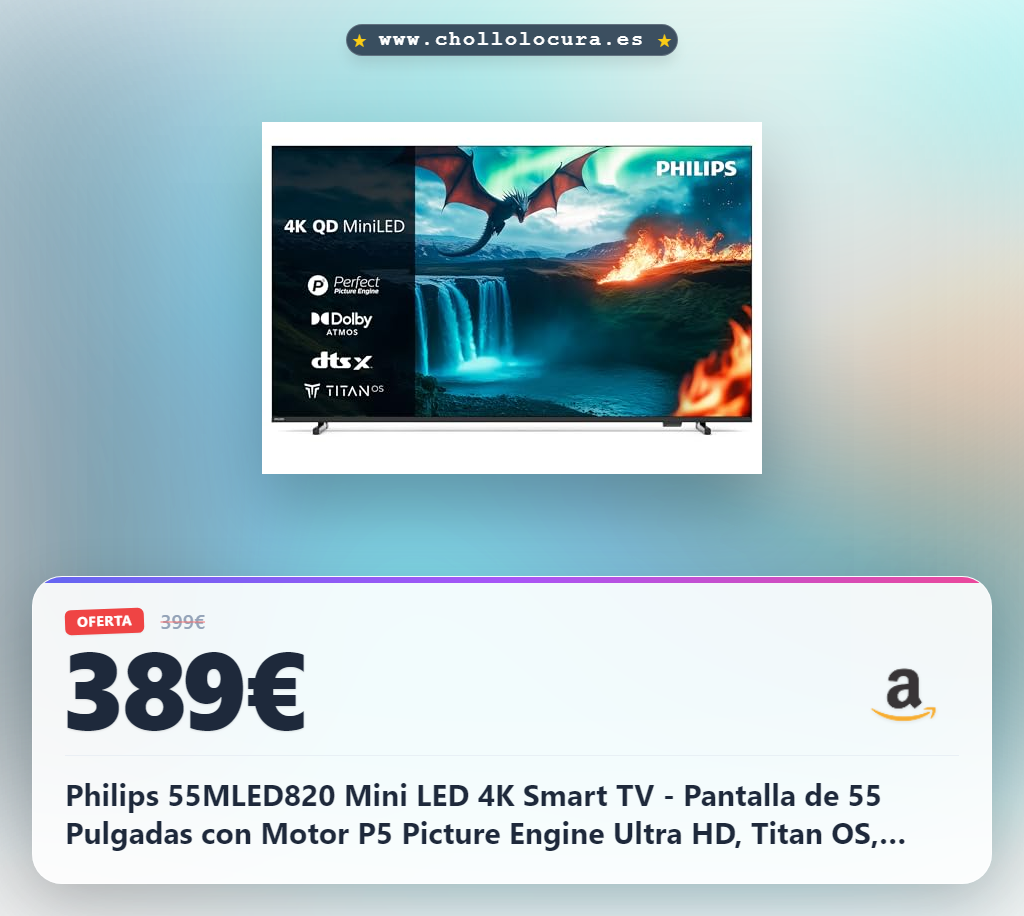 Philips 55MLED820 Mini LED 4K Smart TV - Pantalla de 55 Pulgadas con Motor P5 Picture Engine Ultra HD, Titan OS, Dolby Vision y Sonido Dolby Atmos