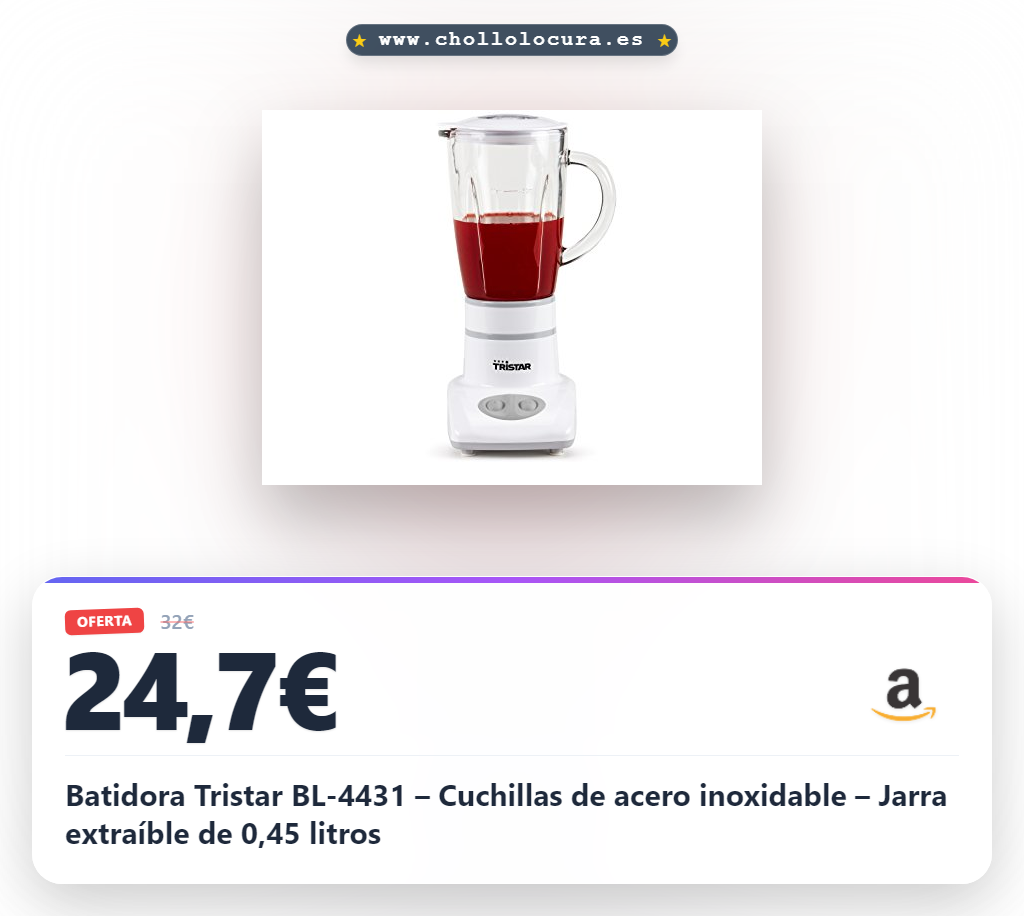 Batidora Tristar BL-4431 – Cuchillas de acero inoxidable – Jarra extraíble de 0,45 litros