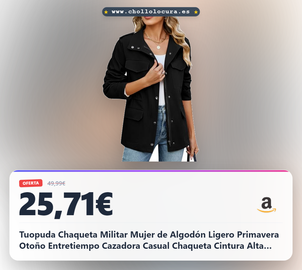 Tuopuda Chaqueta Militar Mujer de Algodón Ligero Primavera Otoño Entretiempo Cazadora Casual Chaqueta Cintura Alta Cordón Parka con Bolsillos(Negro,L)