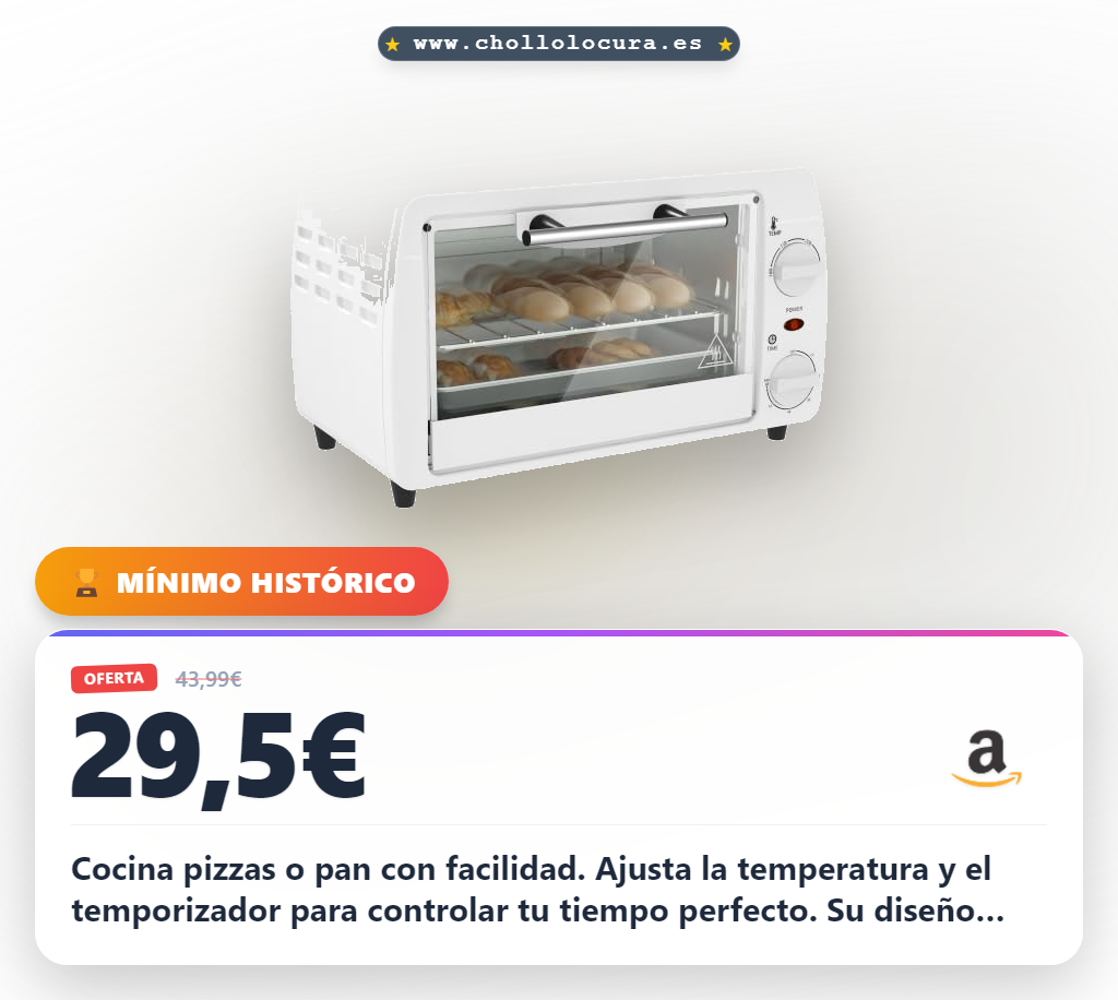 Aprovecha este mini horno eléctrico HOMCOM de 10 litros y 750W. Ajusta la temperatura y disfruta de pizza y pan a precio de chollo