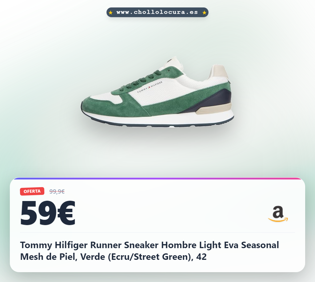 Tommy Hilfiger Runner Sneaker Hombre Light Eva Seasonal Mesh de Piel, Verde (Ecru/Street Green), 42