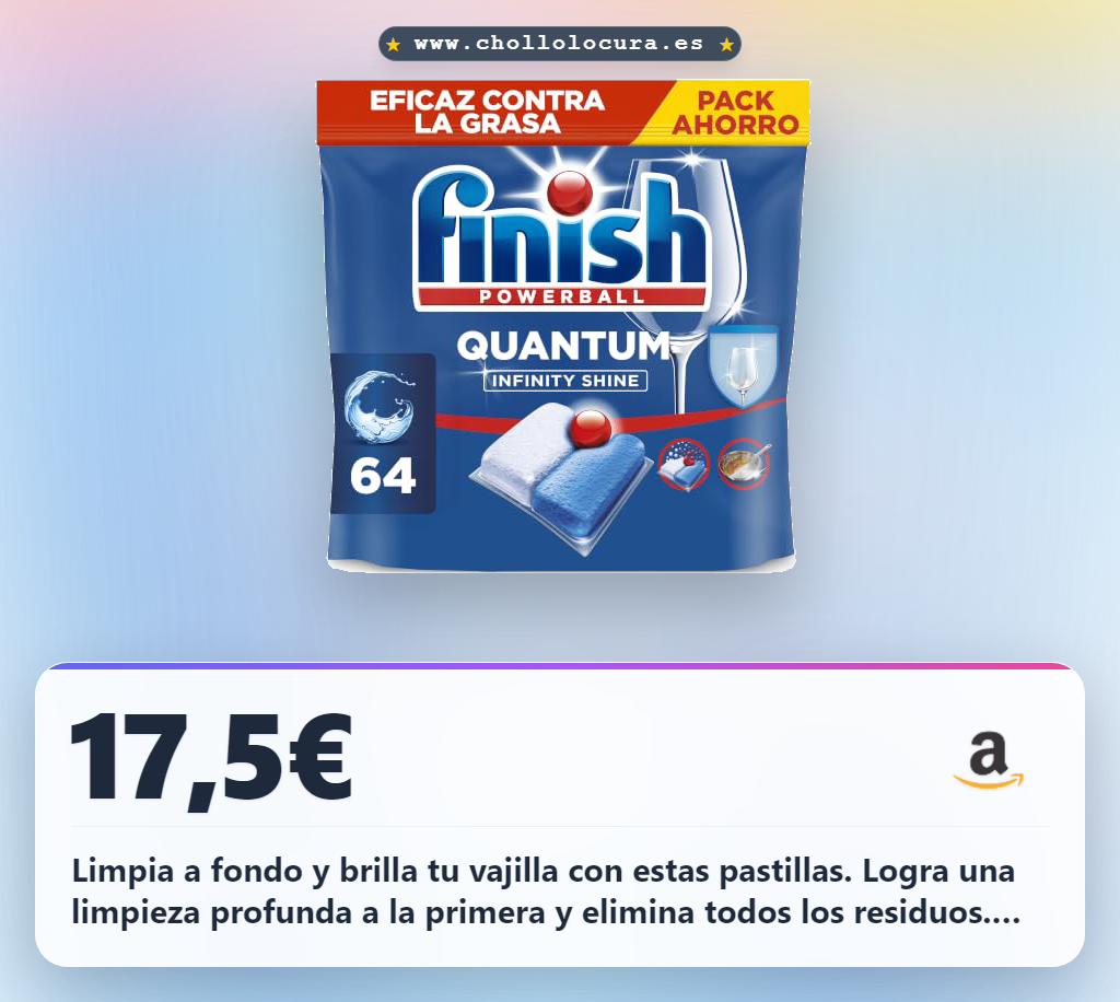 Aprovecha las pastillas FINISH QUANTUM R.64 en oferta: limpieza profunda, brillo superior y ahorro de agua para tu vajilla.