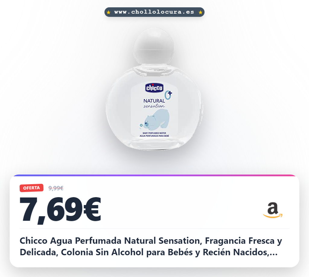 Chicco Agua Perfumada Natural Sensation, Fragancia Fresca y Delicada, Colonia Sin Alcohol para Bebés y Recién Nacidos, Envase de Cristal, 100 ml