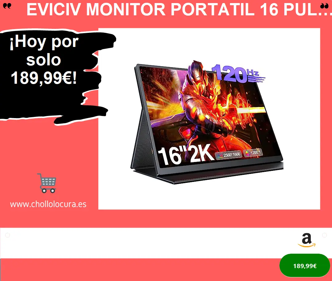 EVICIV Monitor Portatil 16 Pulgadas 2K 120Hz Cuerpo de aleación de Aluminio Pantalla Portatil IPS con Mini HDMI/Type-C Altavoz Incorporado Dual para Ordenador Portátil PC PS4/5 Xbox Teléfono
