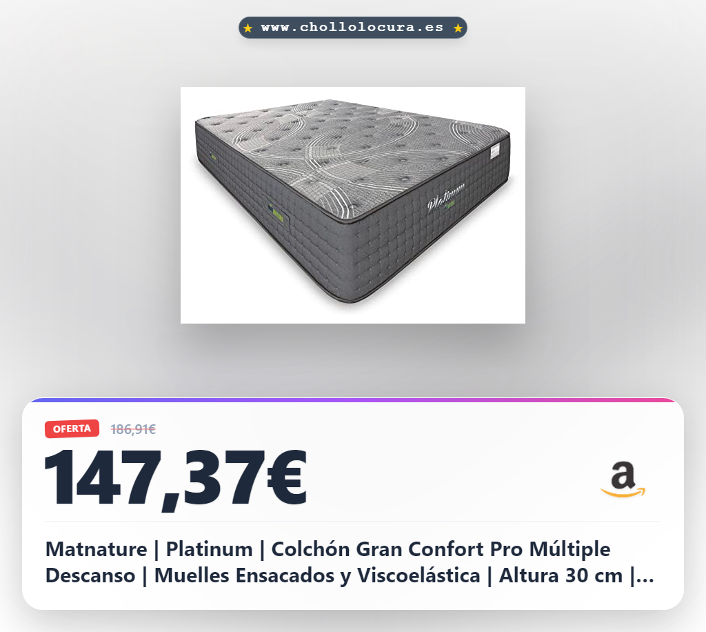Matnature | Platinum | Colchón Gran Confort Pro Múltiple Descanso | Muelles Ensacados y Viscoelástica | Altura 30 cm | Transpirable, Antideslizante y Antiácaros (90 x 190 cm)