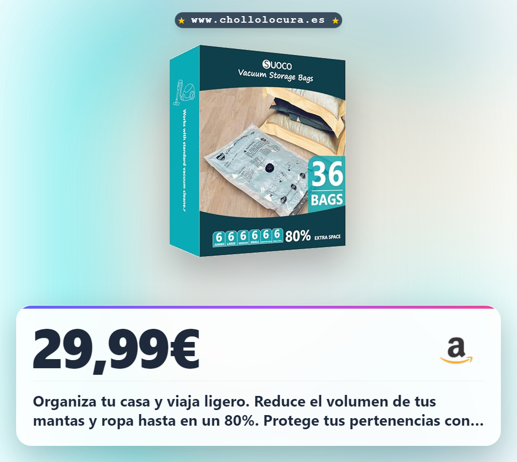 Logra ahorrar espacio con las bolsas de vacío SUOCO, 36 conjuntos reutilizables para mudanzas y viajes en oferta.