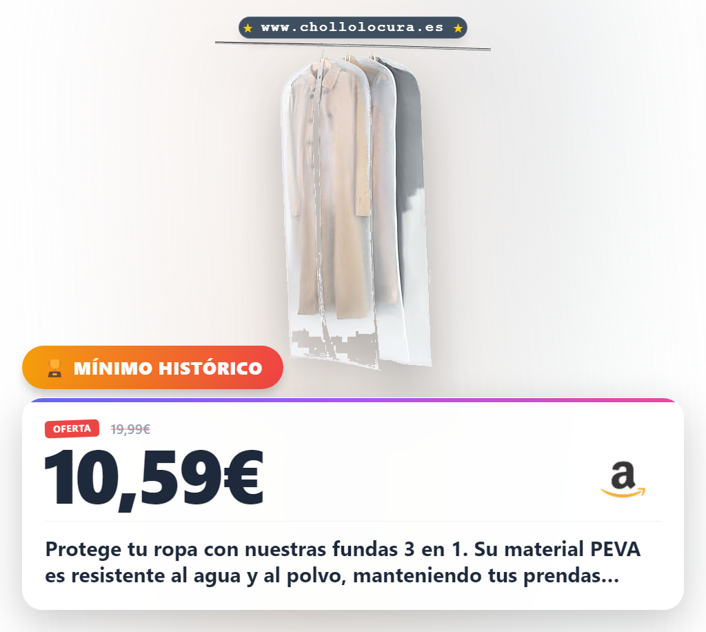 Aprovecha estas fundas de armario 3 piezas 60x180cm con cremallera. Material PEVA a prueba de polvo y agua para proteger tu ropa en oferta.