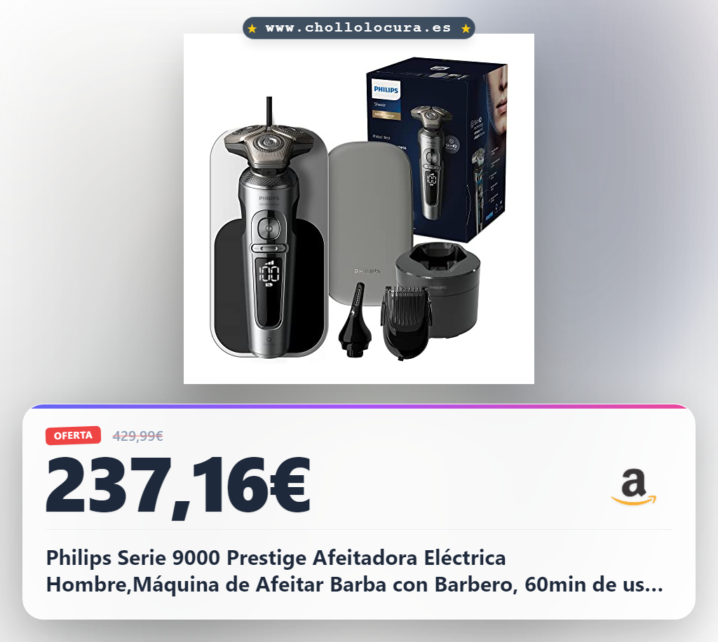 Philips Serie 9000 Prestige Afeitadora Eléctrica Hombre,Máquina de Afeitar Barba con Barbero, 60min de uso, En Seco y Húmedo, Recargable, Centro de Limpieza, Base Carga QI, Naricero, SP9885/35, Cromo
