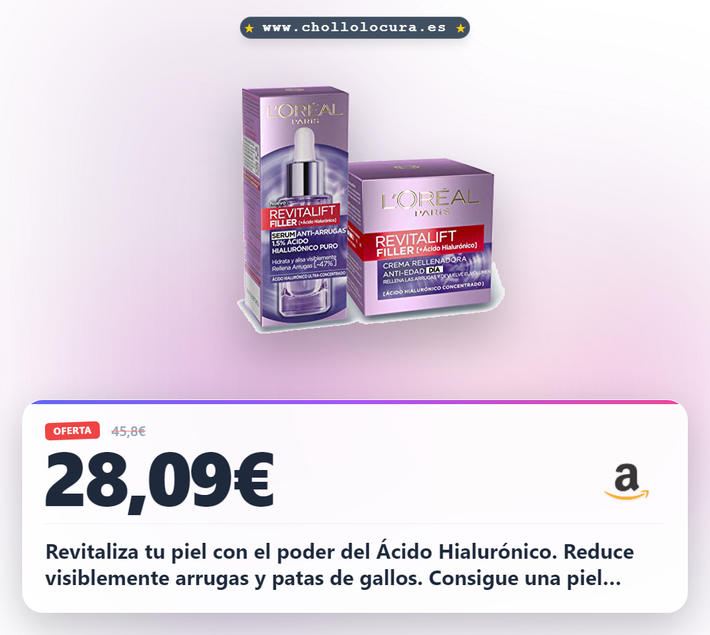 Ahorra con el set L'Oréal Paris Revitalift Filler: Sérum Antiarrugas 30ml + Crema de Día 50ml con Ácido Hialurónico al mejor precio