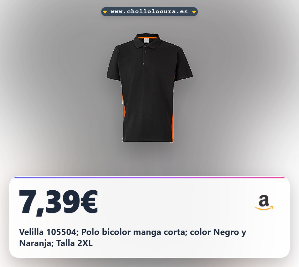 Velilla 105504; Polo bicolor manga corta; color Negro y Naranja; Talla 2XL