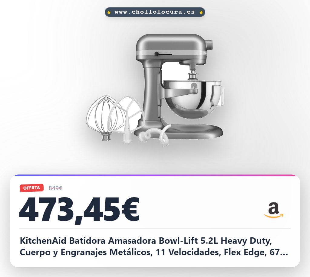 KitchenAid Batidora Amasadora Bowl-Lift 5.2L Heavy Duty, Cuerpo y Engranajes Metálicos, 11 Velocidades, Flex Edge, 67 Puntos de Contacto, Contour Silver