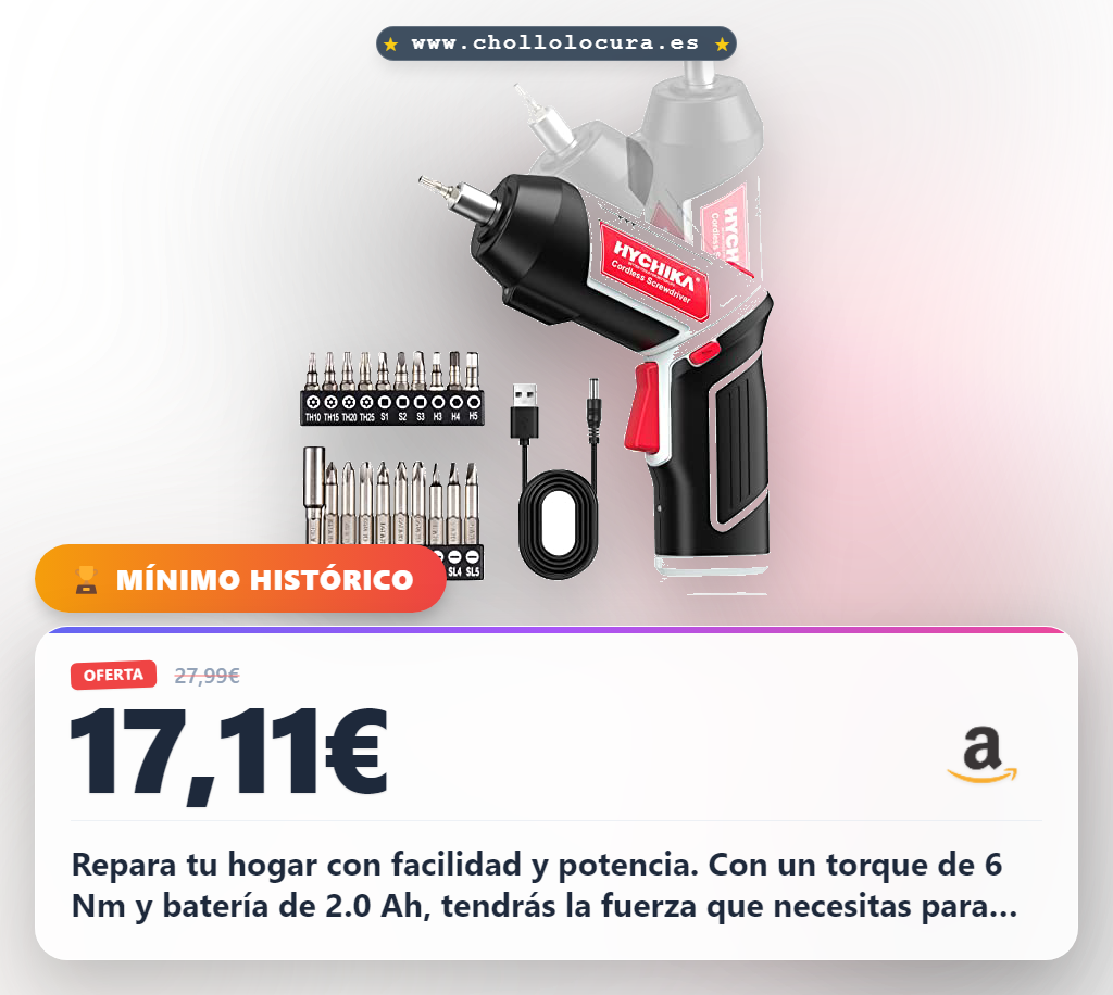 Consigue el destornillador eléctrico HYCHIKA con batería de 2.0 Ah y luz LED en oferta histórica