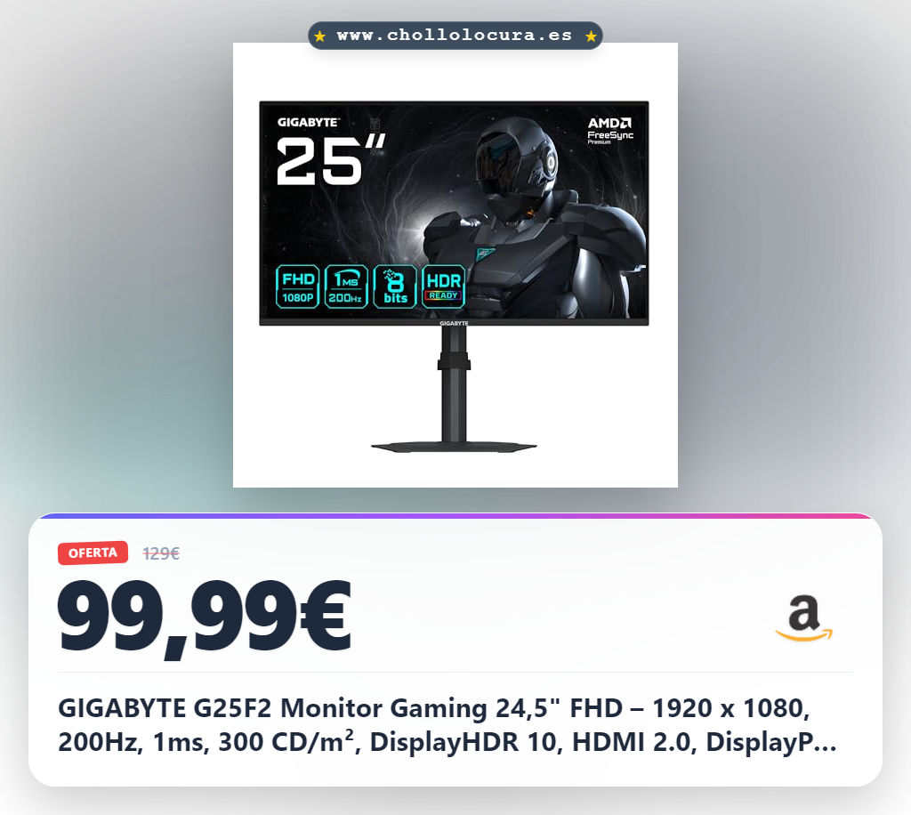 GIGABYTE G25F2 Monitor Gaming 24,5" FHD – 1920 x 1080, 200Hz, 1ms, 300 CD/m², DisplayHDR 10, HDMI 2.0, DisplayPort 1.4