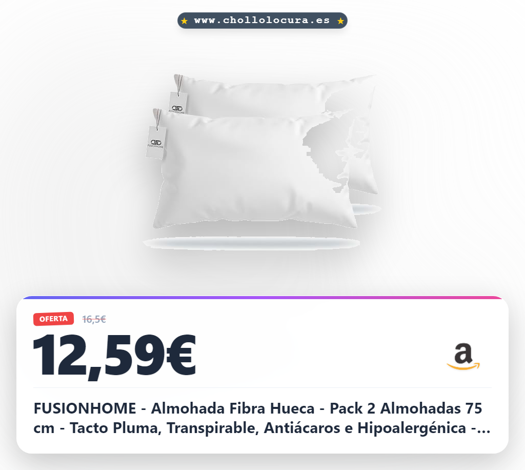 FUSIONHOME - Almohada Fibra Hueca - Pack 2 Almohadas 75 cm - Tacto Pluma, Transpirable, Antiácaros e Hipoalergénica - Firmeza Media, Alta Adaptabilidad - Tela de Microfibra