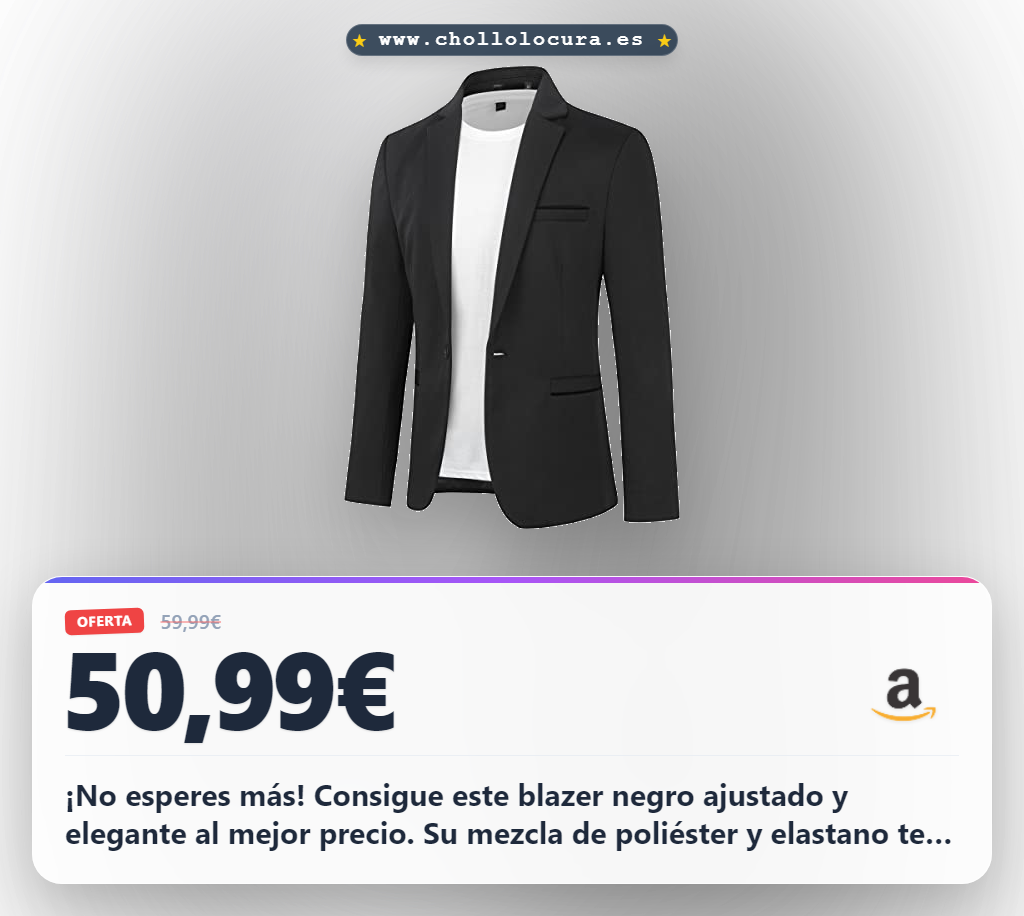 ¡No esperes más! Consigue este blazer negro ajustado y elegante al mejor precio. Su mezcla de poliéster y elastano te da comodidad y durabilidad para todo el día. Perfecto para la oficina o una noche de fiesta. ¡Aprovecha esta oferta antes de que se agote!