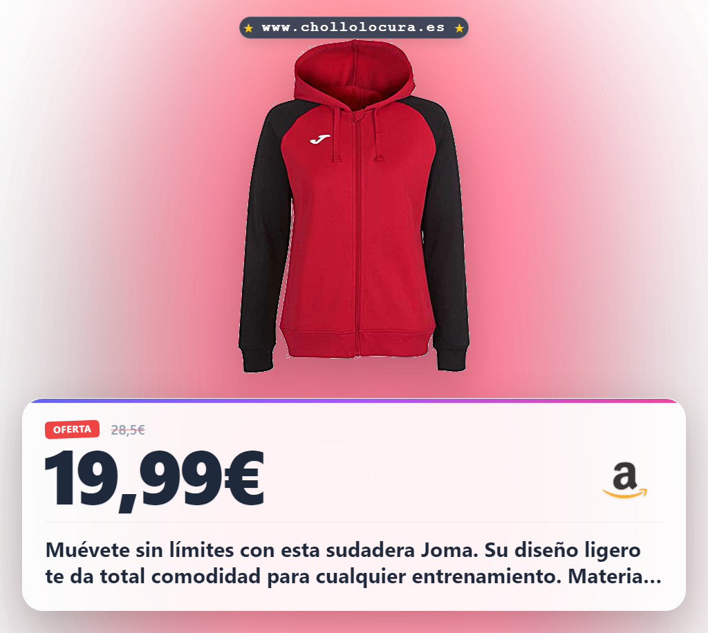 Aprovecha la sudadera Joma Mujer con capucha rojo y negro, material resistente y cómoda para todas tus actividades deportivas