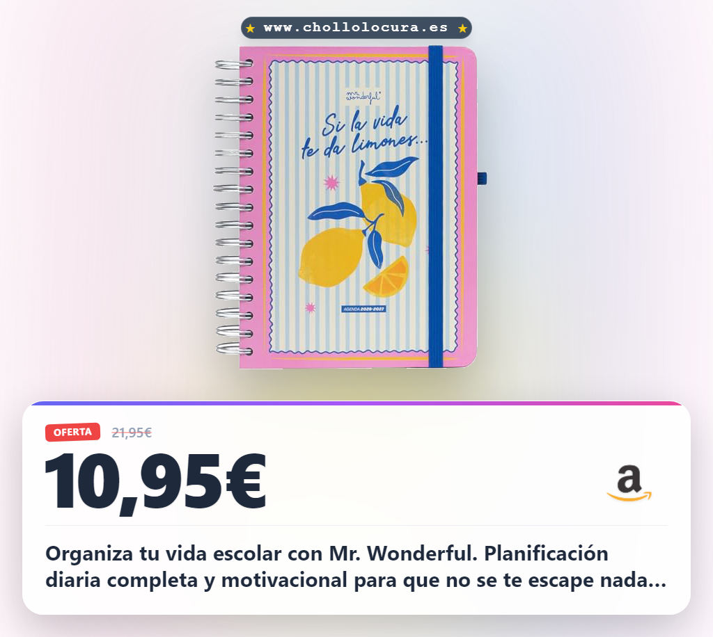 Aprovecha la agenda escolar Mr. Wonderful 2026-2027. Planificador diario con espiral, pegatinas y frases motivacionales a precio de chollo