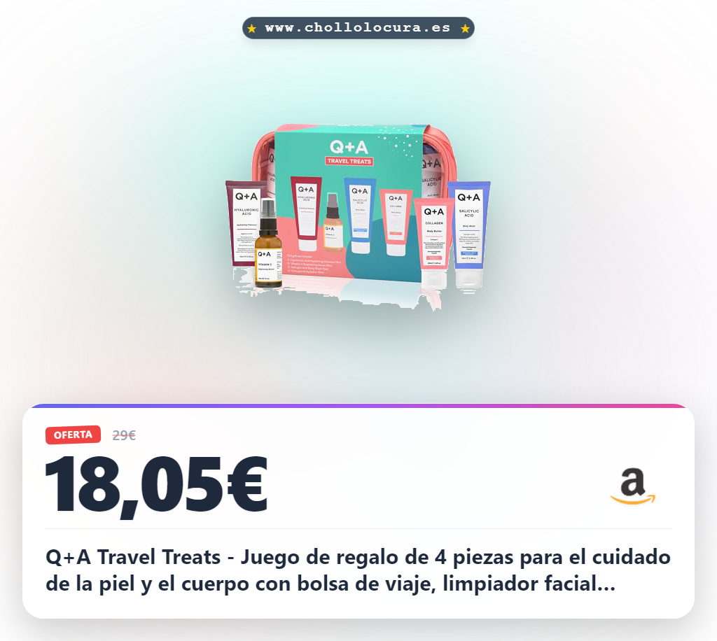 Q+A Travel Treats - Juego de regalo de 4 piezas para el cuidado de la piel y el cuerpo con bolsa de viaje, limpiador facial hidratante (75 ml), suero de vitamina C (30 ml), gel de baño con ácido