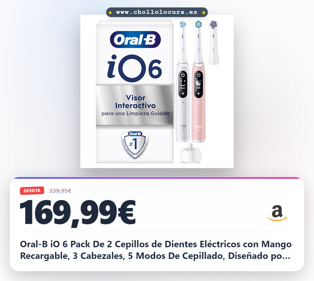 Oral-B iO 6 Pack De 2 Cepillos de Dientes Eléctricos con Mango Recargable, 3 Cabezales, 5 Modos De Cepillado, Diseñado por Braun, Regalos Originales para Mujer y Hombre - Blanco y Rosa