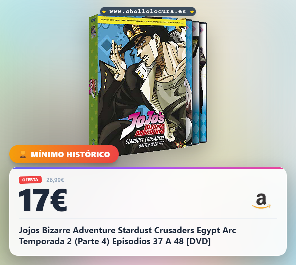 Aprovecha Jojos Bizarre Adventure Stardust Crusaders Egypt Arc Temporada 2 Parte 4 DVD. Encuéntralo al mejor precio en España.