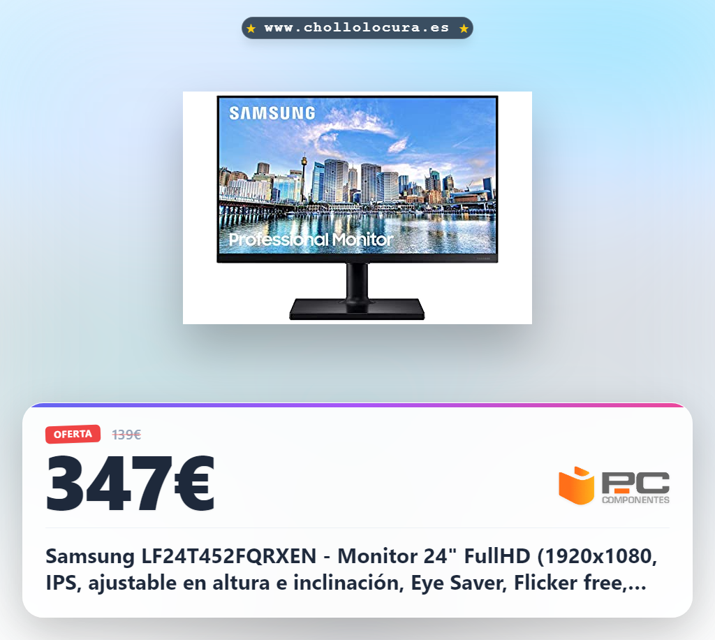 Samsung LF24T452FQRXEN - Monitor 24" FullHD (1920x1080, IPS, ajustable en altura e inclinación, Eye Saver, Flicker free, 16:9, 60Hz, 4ms, HDMI, VGA) Negro