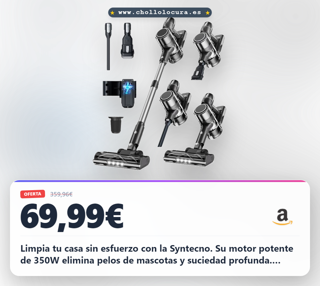 Consigue la aspiradora sin cable Syntecno potente de 350W para suelos y mascotas al mejor precio del año al instante.