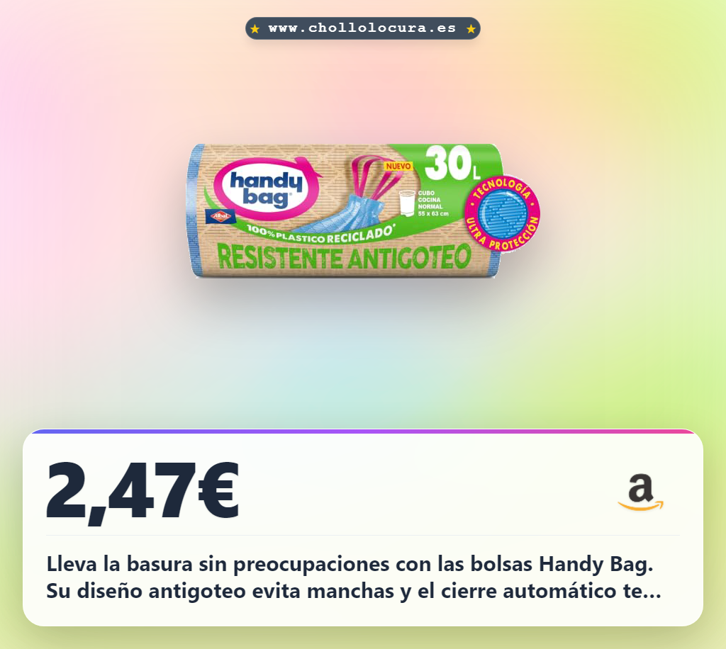 Aprovecha las bolsas de basura Handy Bag 30L 100% recicladas con cierre automático y diseño antigoteo