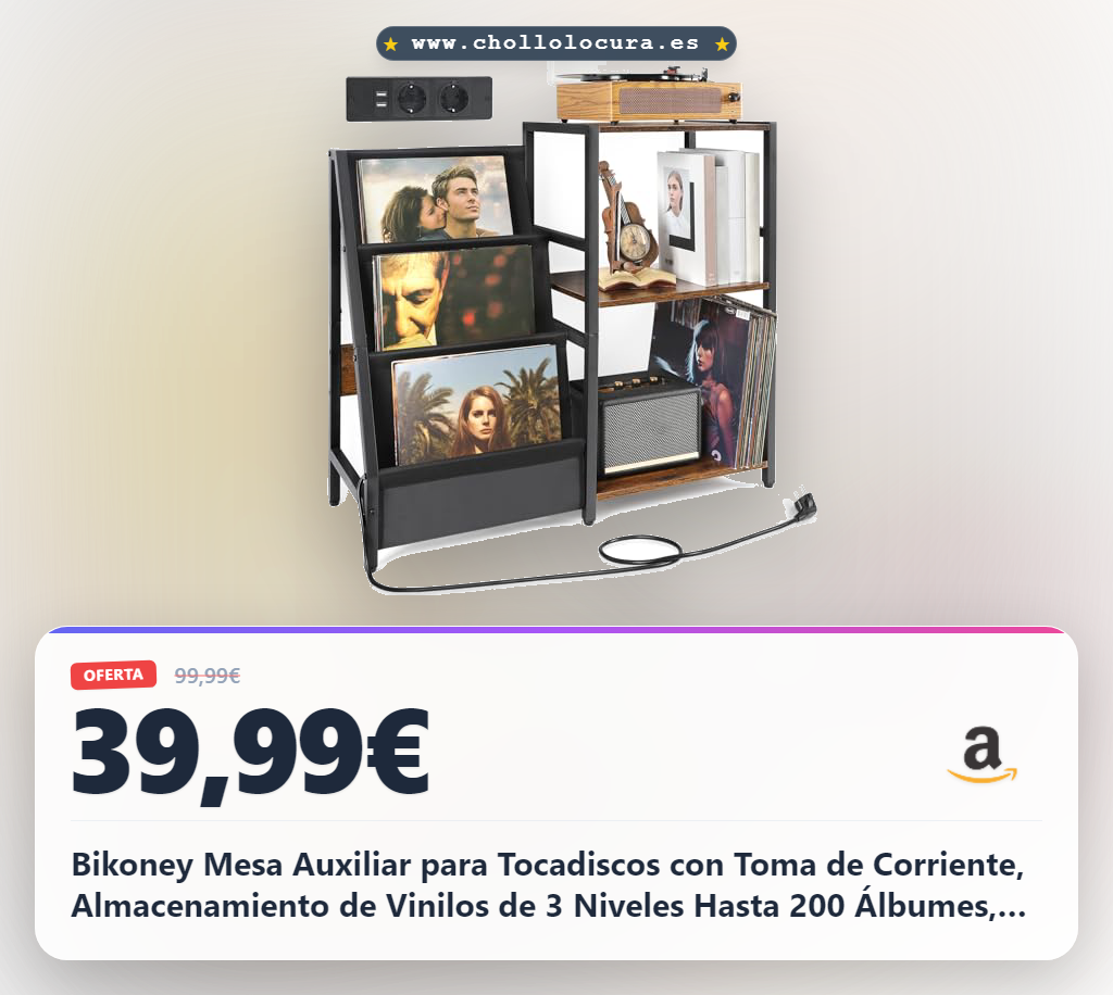 Bikoney Mesa Auxiliar para Tocadiscos con Toma de Corriente, Almacenamiento de Vinilos de 3 Niveles Hasta 200 Álbumes, Soporte de Discos de Vinilo para Sala de Estar