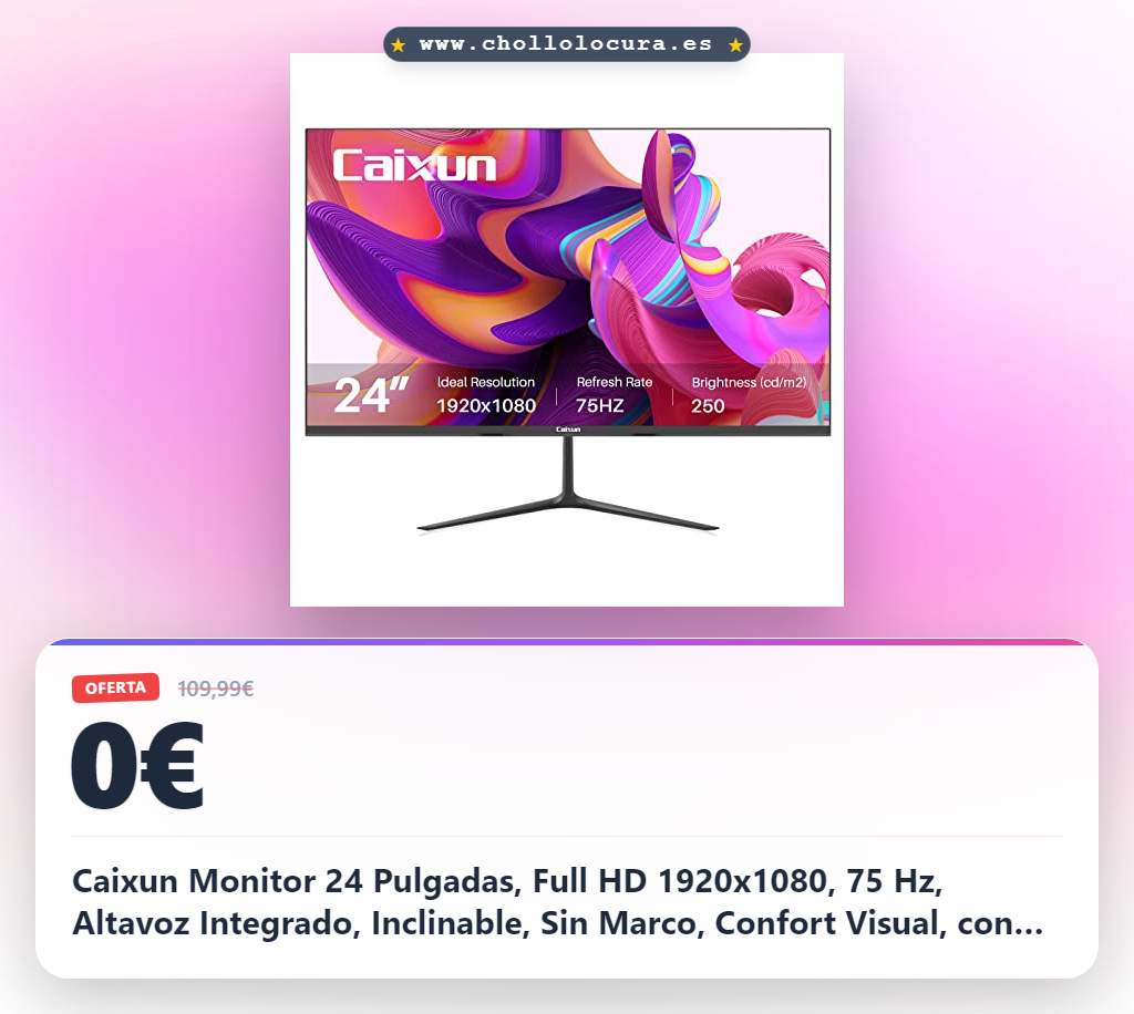 Caixun Monitor 24 Pulgadas, Full HD 1920x1080, 75 Hz, Altavoz Integrado, Inclinable, Sin Marco, Confort Visual, con HDMI VGA (Cable HDMI Incluido)