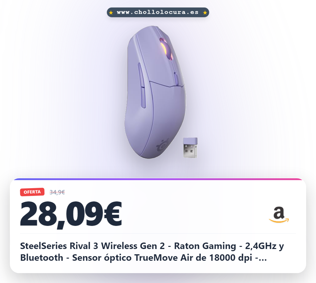 SteelSeries Rival 3 Wireless Gen 2 - Raton Gaming - 2,4GHz y Bluetooth - Sensor óptico TrueMove Air de 18000 dpi - Durabilidad de 60 M de clics - Ligero - Deslizadores 100% PTFE - Lavanda