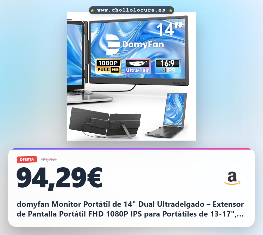 domyfan Monitor Portátil de 14" Dual Ultradelgado – Extensor de Pantalla Portátil FHD 1080P IPS para Portátiles de 13-17", Plug & Play con HDMI/USB-A/Type-C, Compatible con Windows, Mac, Android