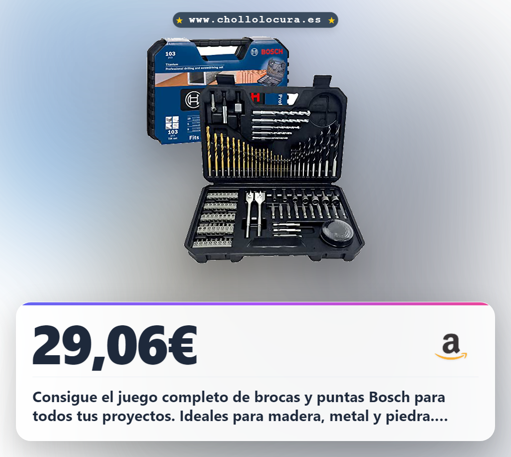 Consigue el juego de 103 brocas y puntas atornillar Bosch para madera metal y piedra en oferta