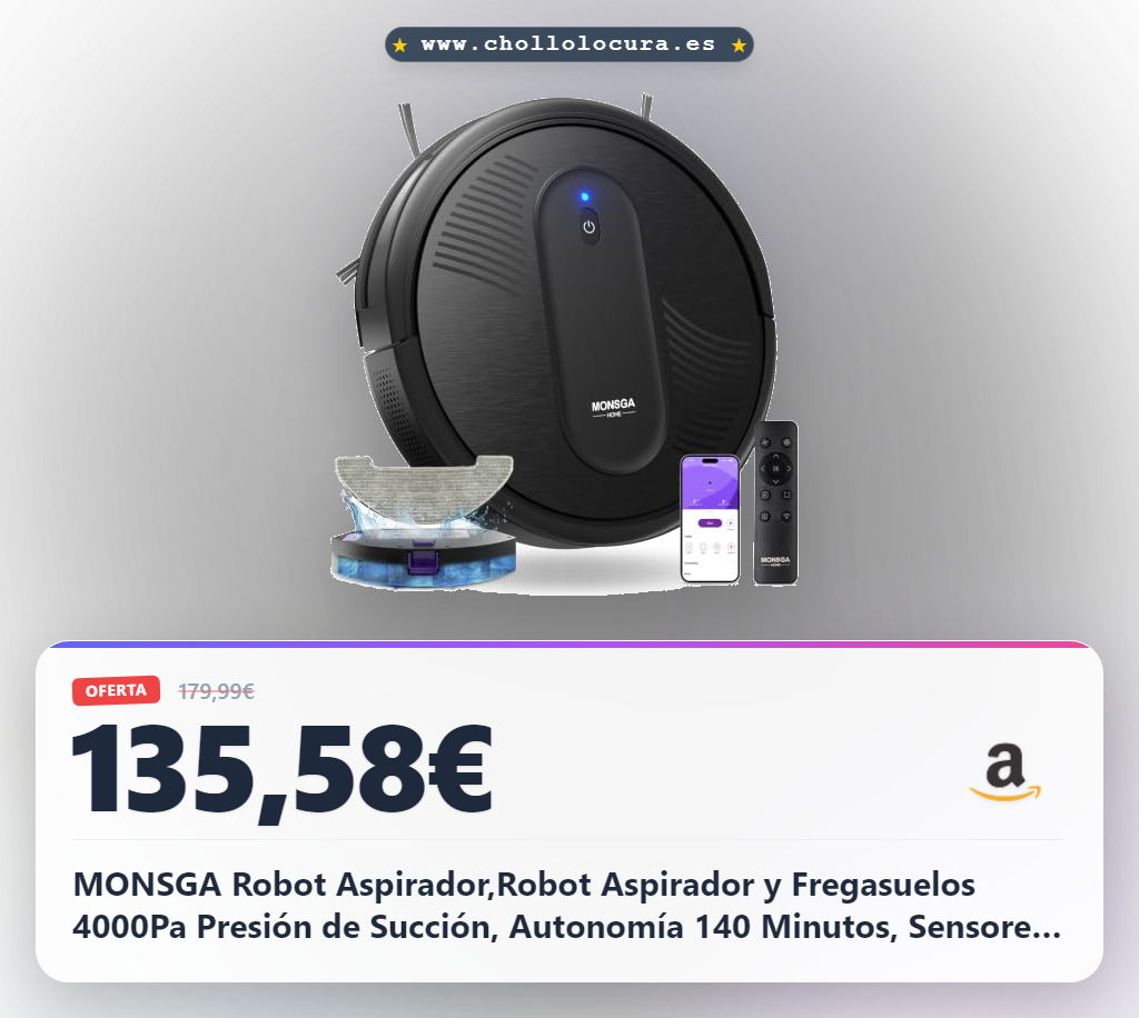 MONSGA Robot Aspirador,Robot Aspirador y Fregasuelos 4000Pa Presión de Succión, Autonomía 140 Minutos, Sensores Anticaídas y Cepillo Multifunción, TotalSurface, App Control