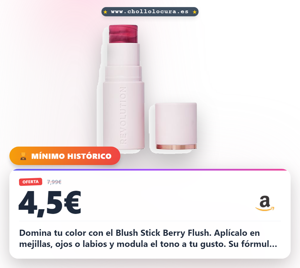 Domina tu color con el Blush Stick Berry Flush. Aplícalo en mejillas, ojos o labios y modula el tono a tu gusto. Su fórmula cremosa hidrata y protege tu piel. ¡Aprovecha este chollo vegano antes de que se agote!