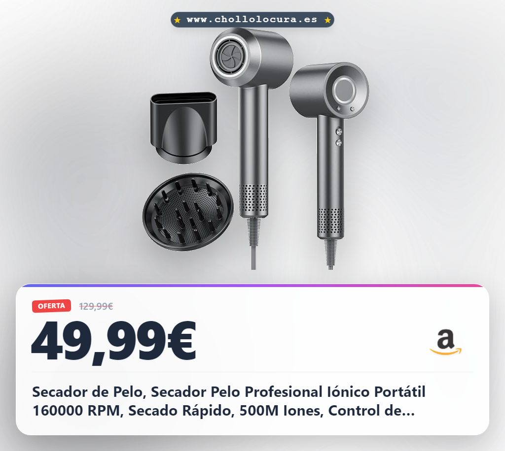 Secador de Pelo, Secador Pelo Profesional Iónico Portátil 160000 RPM, Secado Rápido, 500M Iones, Control de Temperatura, Con Difusor Magnético y Boquilla, 4 Niveles de Temperatura y 3 Velocidades