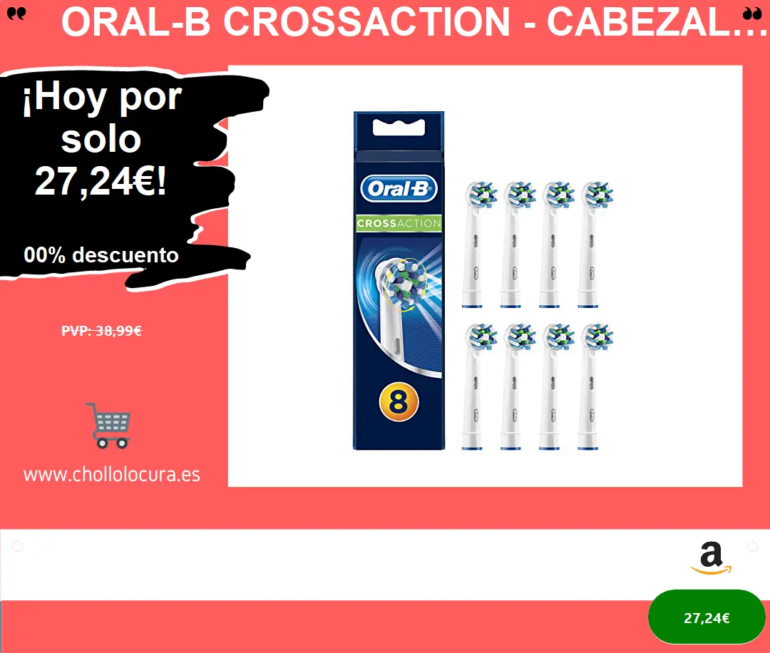 Oral-B Crossaction - Cabezal de Recambio, Set de 8 Recambios para Cepillo Eléctrico Recargable, Cabezal Redondeado con Diseño de Inspiración Profesional para Limpiar Diente Por Diente, Blanco