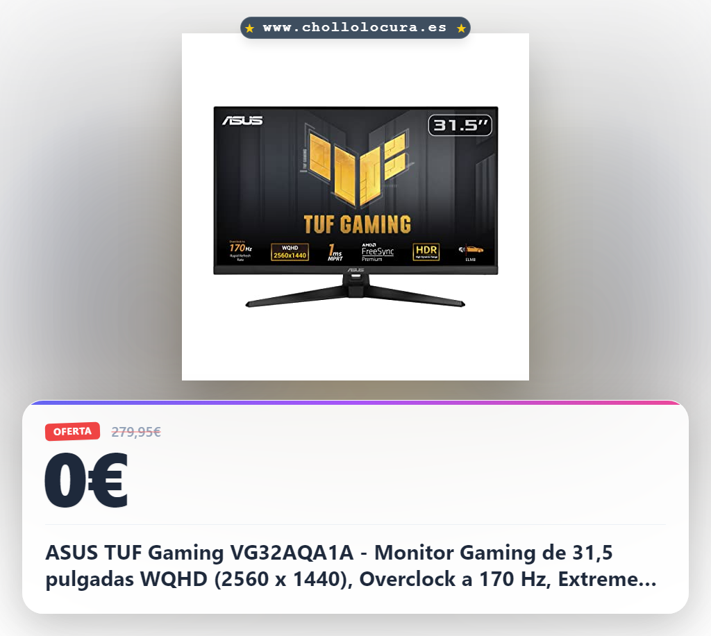 ASUS TUF Gaming VG32AQA1A - Monitor Gaming de 31,5 pulgadas WQHD (2560 x 1440), Overclock a 170 Hz, Extreme Low Motion Blur, Freesync Premium, 1 ms (MPRT), Shadow Boost, HDR, DisplayWidget Lite