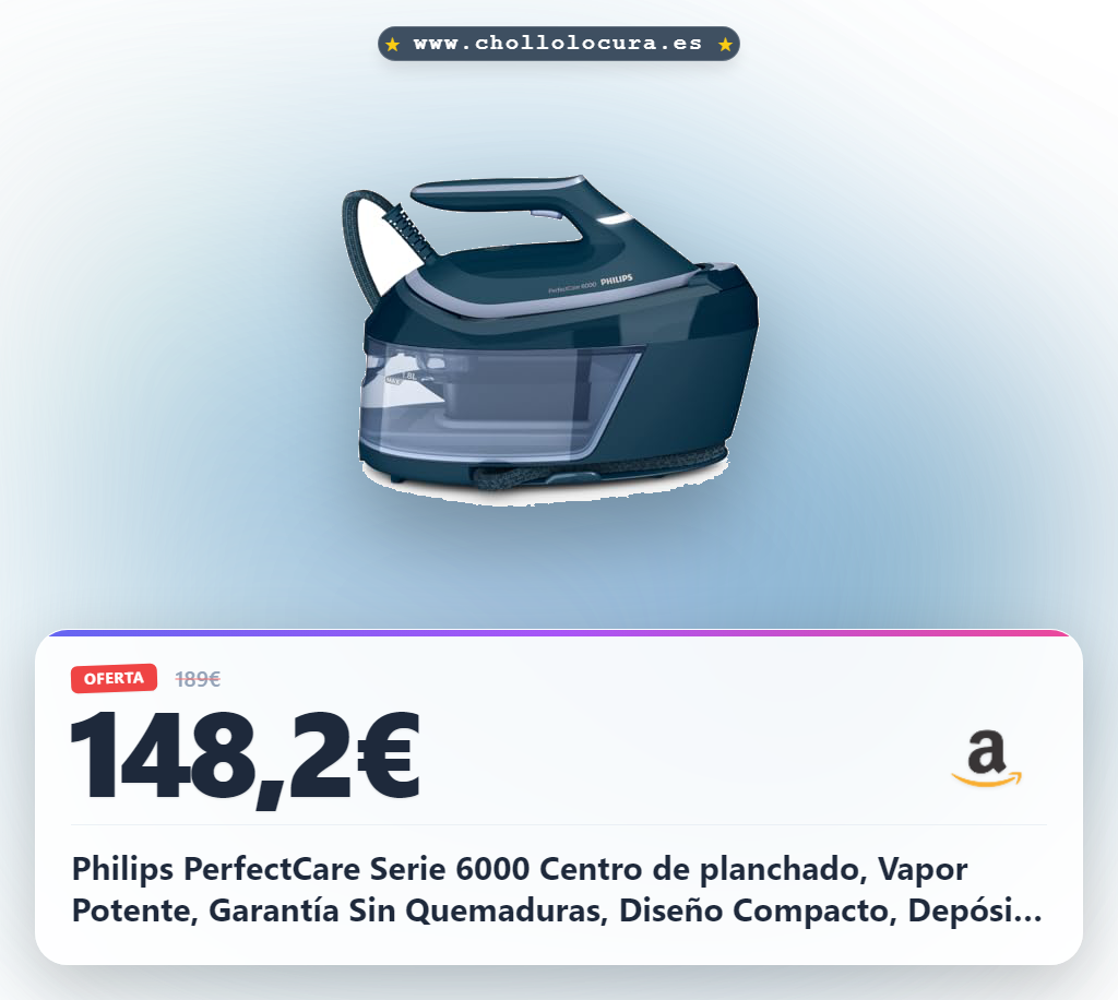 Philips PerfectCare Serie 6000 Centro de planchado, Vapor Potente, Garantía Sin Quemaduras, Diseño Compacto, Depósito de Agua Extraíble de 1.8L, Suela SteamGlide Plus (PSG6023/20)