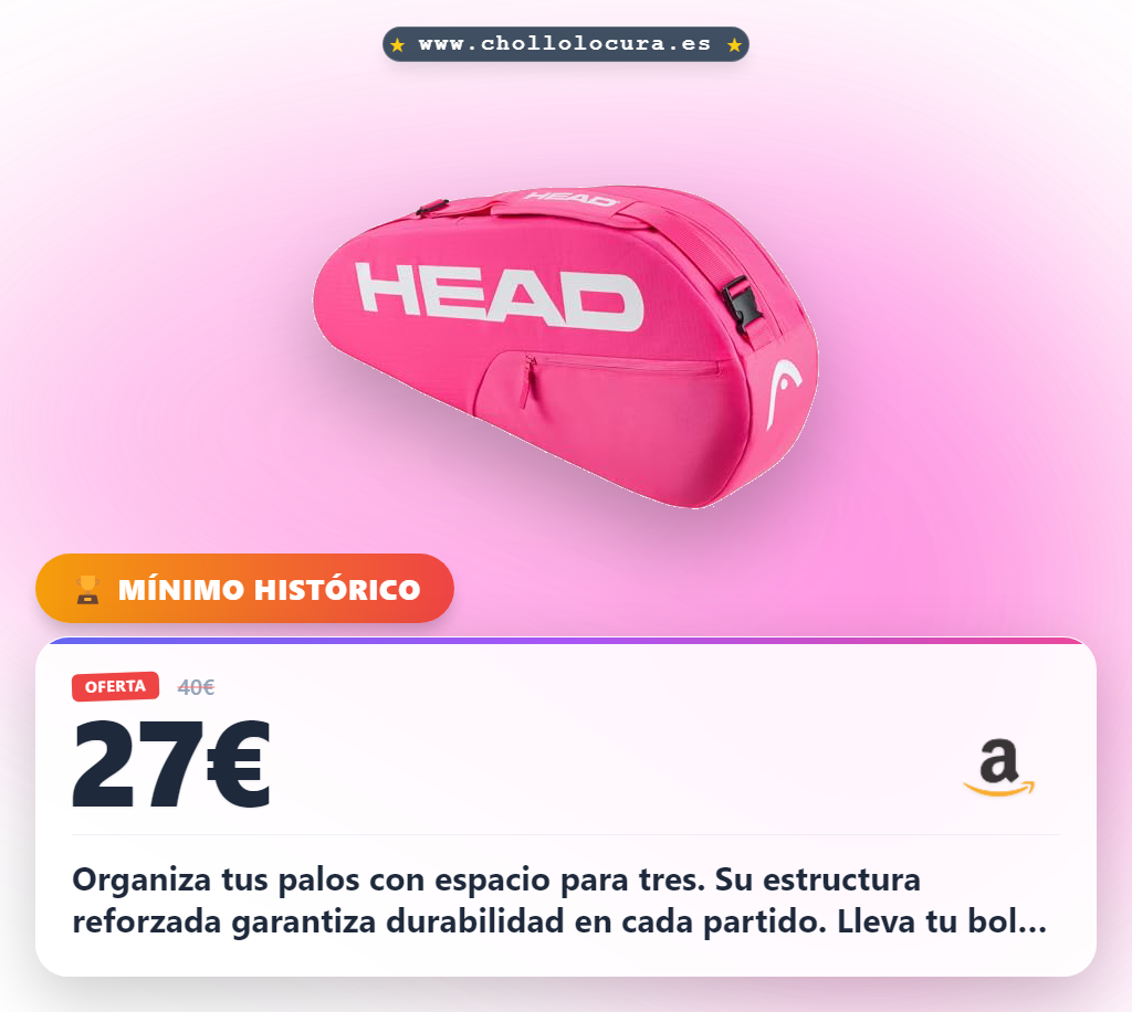 Aprovecha la bolsa de tenis HEAD con espacio para 3 palos y estructura reforzada en oferta histórica