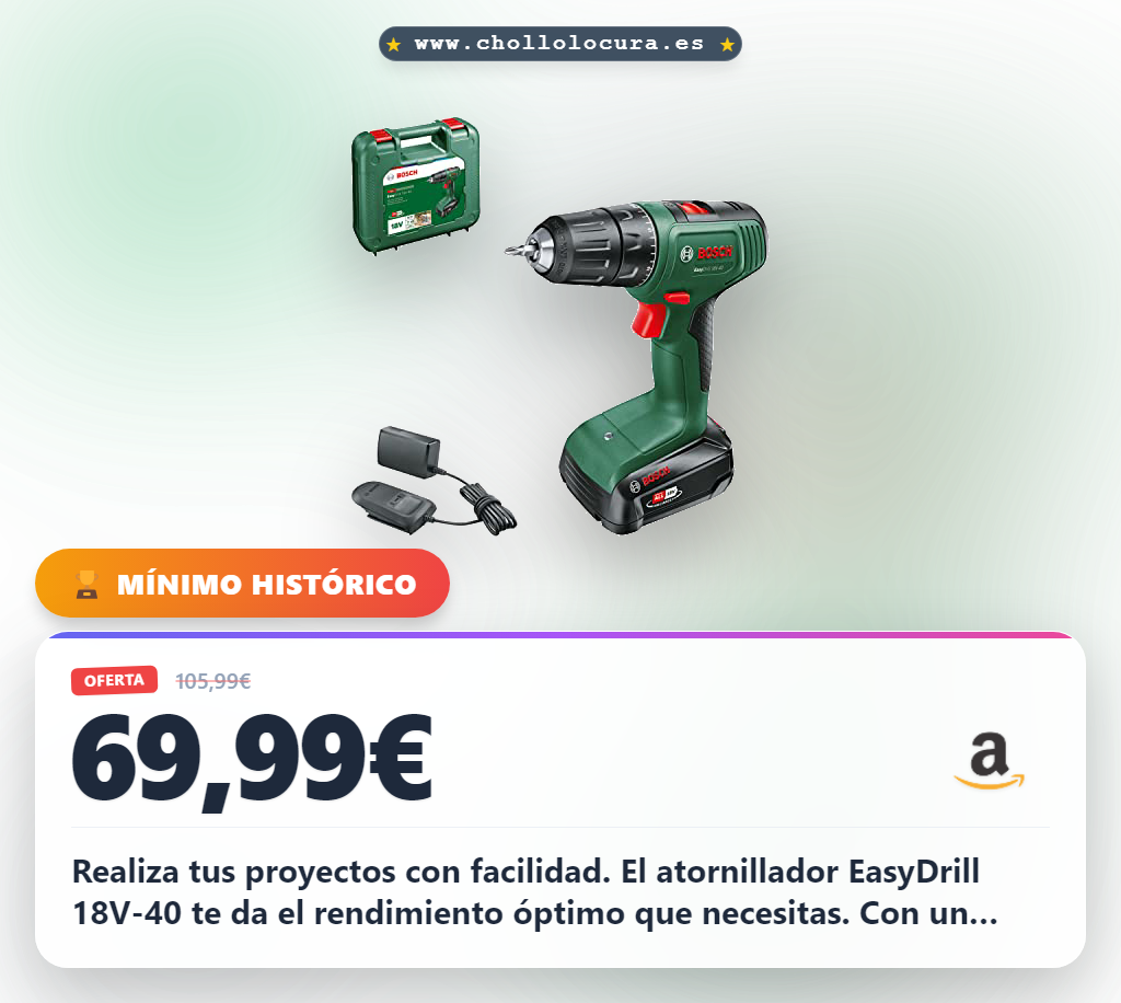 Consigue el atornillador Bosch EasyDrill 18V-40 con sistema de 2 velocidades y 20 niveles al mejor precio