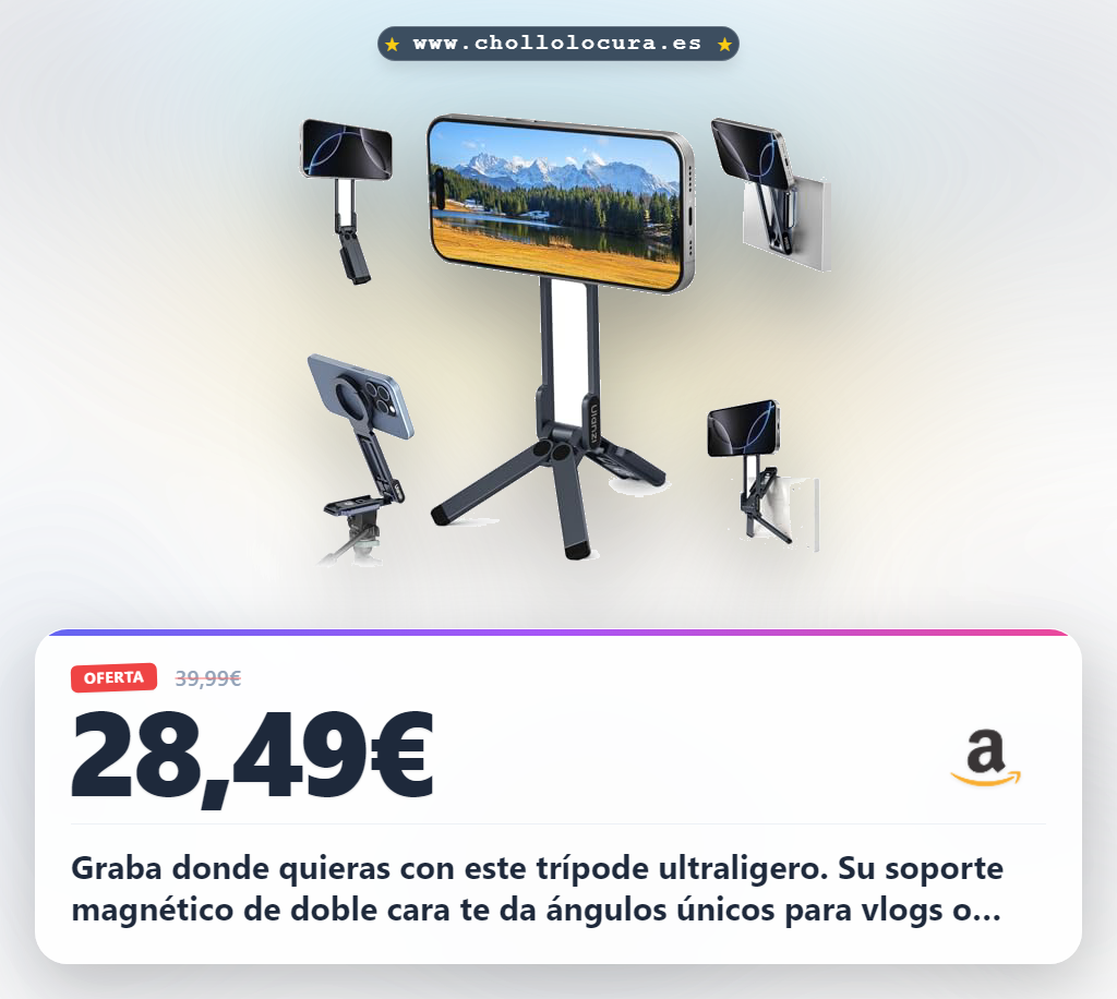 Graba donde quieras con este trípode ultraligero. Su soporte magnético de doble cara te da ángulos únicos para vlogs o fitness. La liberación rápida te da total libertad para viajar o grabar en cualquier momento. Es compacto y perfecto para tu móvil.