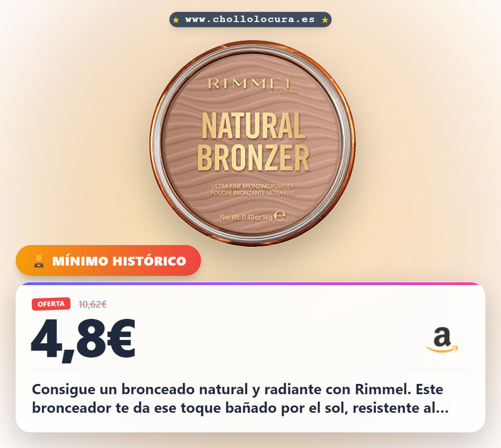 Consigue un bronceado natural y radiante con Rimmel. Este bronceador te da ese toque bañado por el sol, resistente al agua y con SPF 15. Disfruta de hasta 10 horas de duración. ¡Atrévete a brillar!