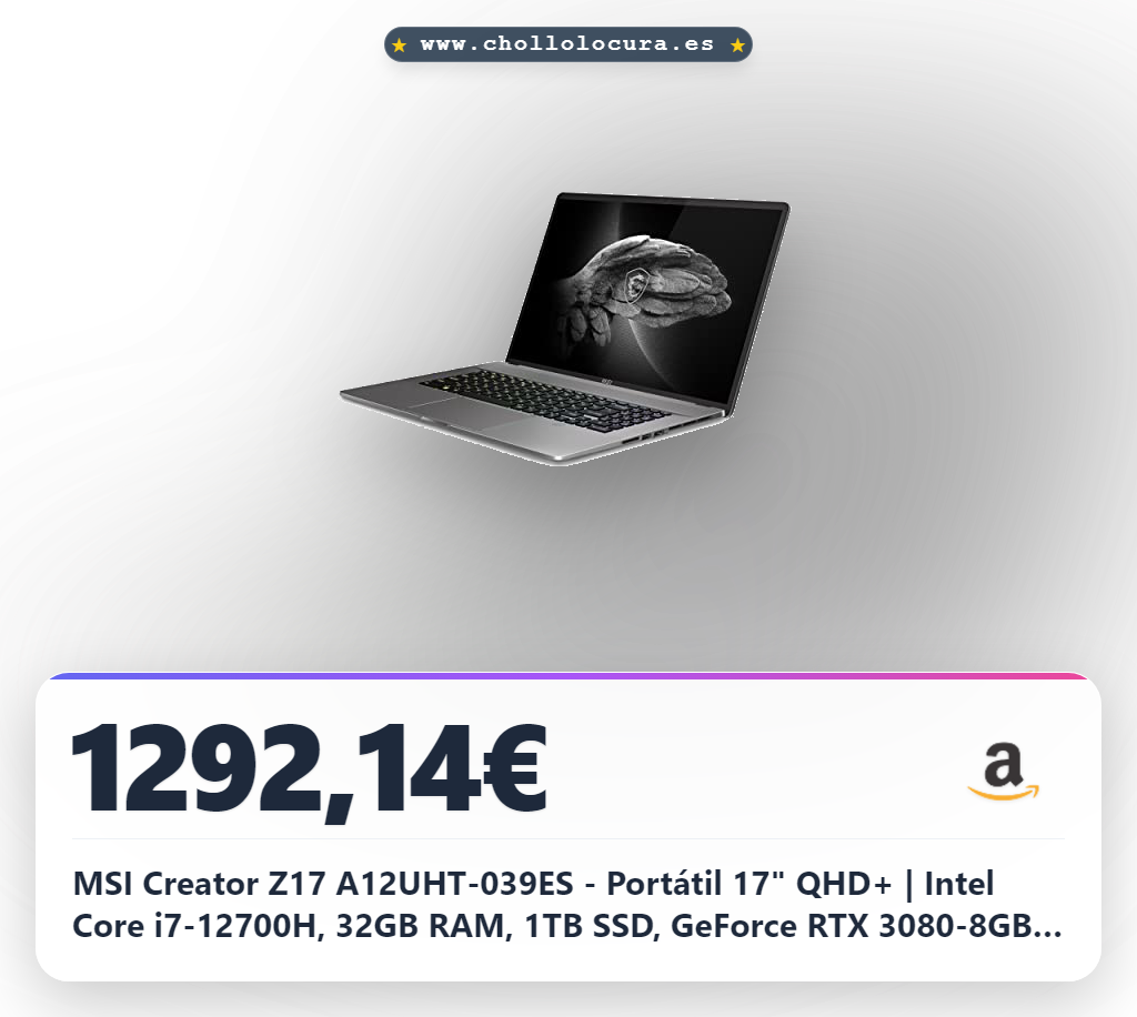MSI Creator Z17 A12UHT-039ES - Portátil 17" QHD+ | Intel Core i7-12700H, 32GB RAM, 1TB SSD, GeForce RTX 3080-8GB, Windows 11 Home Advanced, Lunar Gray - Teclado QWERTY español
