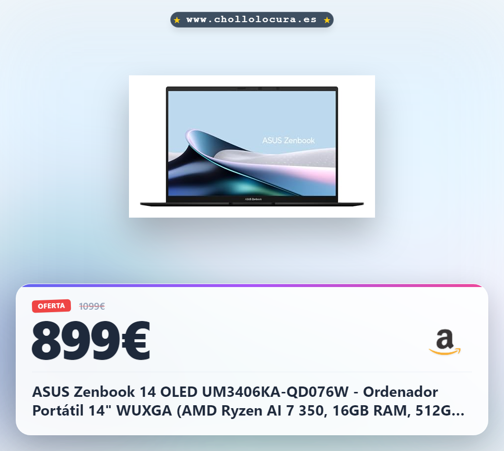 ASUS Zenbook 14 OLED UM3406KA-QD076W - Ordenador Portátil 14" WUXGA (AMD Ryzen AI 7 350, 16GB RAM, 512GB SSD, Radeon 860M, Windows 11 Home, Copilot +) Negro Jade - Teclado QWERTY español