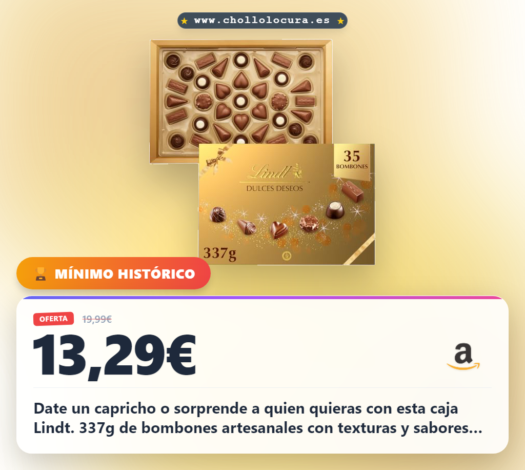 Disfruta de la Caja Lindt Dulces Deseos: Bombones de chocolate surtidos 337g en oferta histórica a precio de chollo.