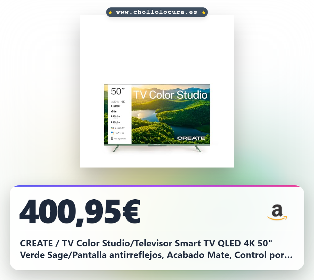 CREATE / TV Color Studio/Televisor Smart TV QLED 4K 50" Verde Sage/Pantalla antirreflejos, Acabado Mate, Control por Voz, Sensor de iluminación, Dolby Atmos, Low Blue Light & Flicker Free, HDMI TM