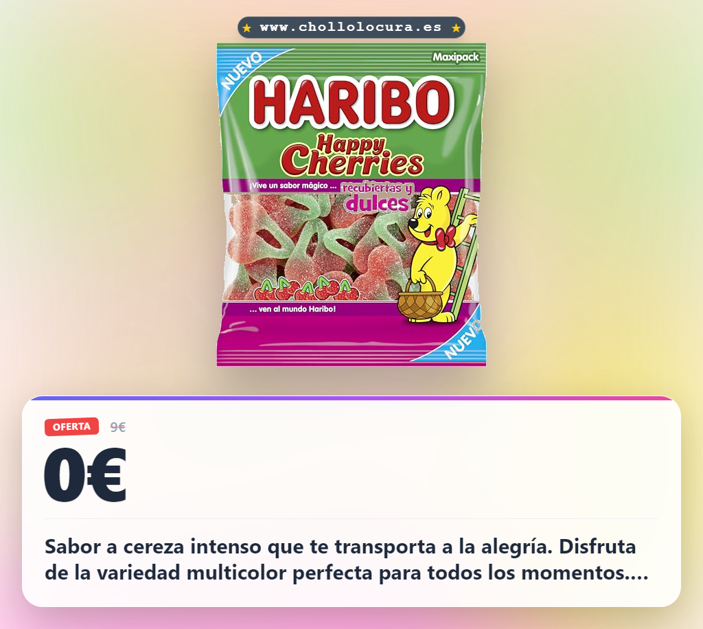 Disfruta de los Haribo Happy Cherries recubiertas y dulces 1Kg. Encuentra la variedad multicolor y el intenso sabor a cereza.