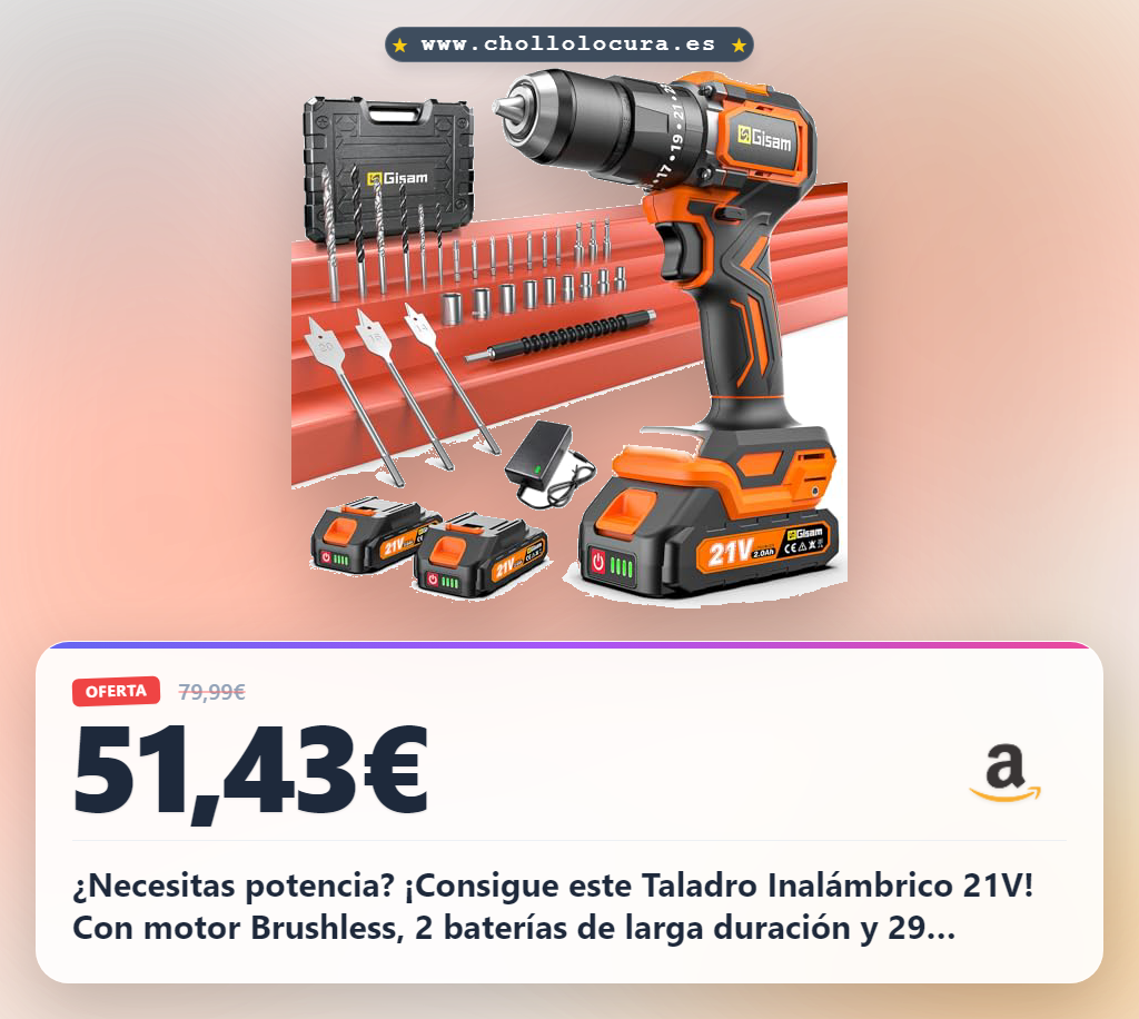 Consigue Taladro Inalámbrico 21V Brushless 1200W con 2 Baterías y 29 Accesorios para Hogar y Jardín